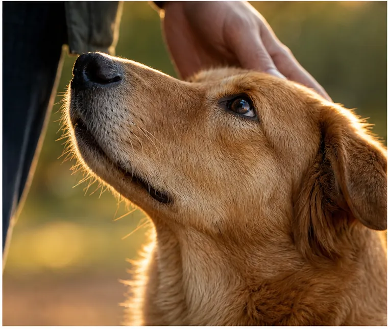 Perro recibiendo caricia de su dueño